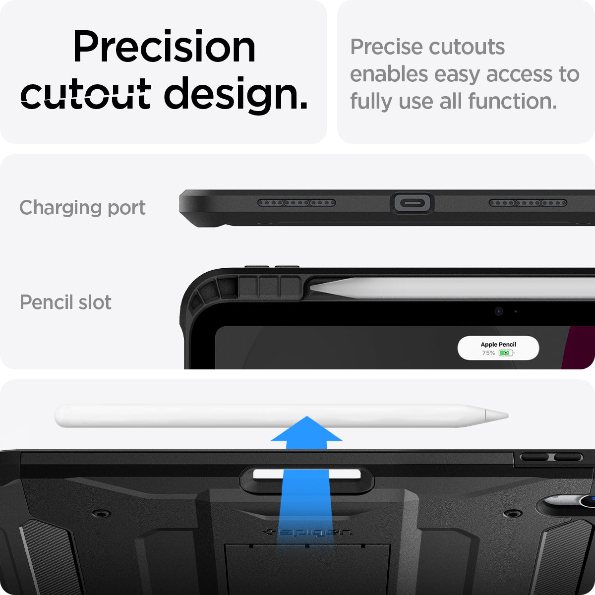 ACS05418 - iPad 10.9" Case Tough Armor Pro in black showing the precision cutout design. Precise cutouts enables easy access to fully use all function. Showing charging port and pencil slot