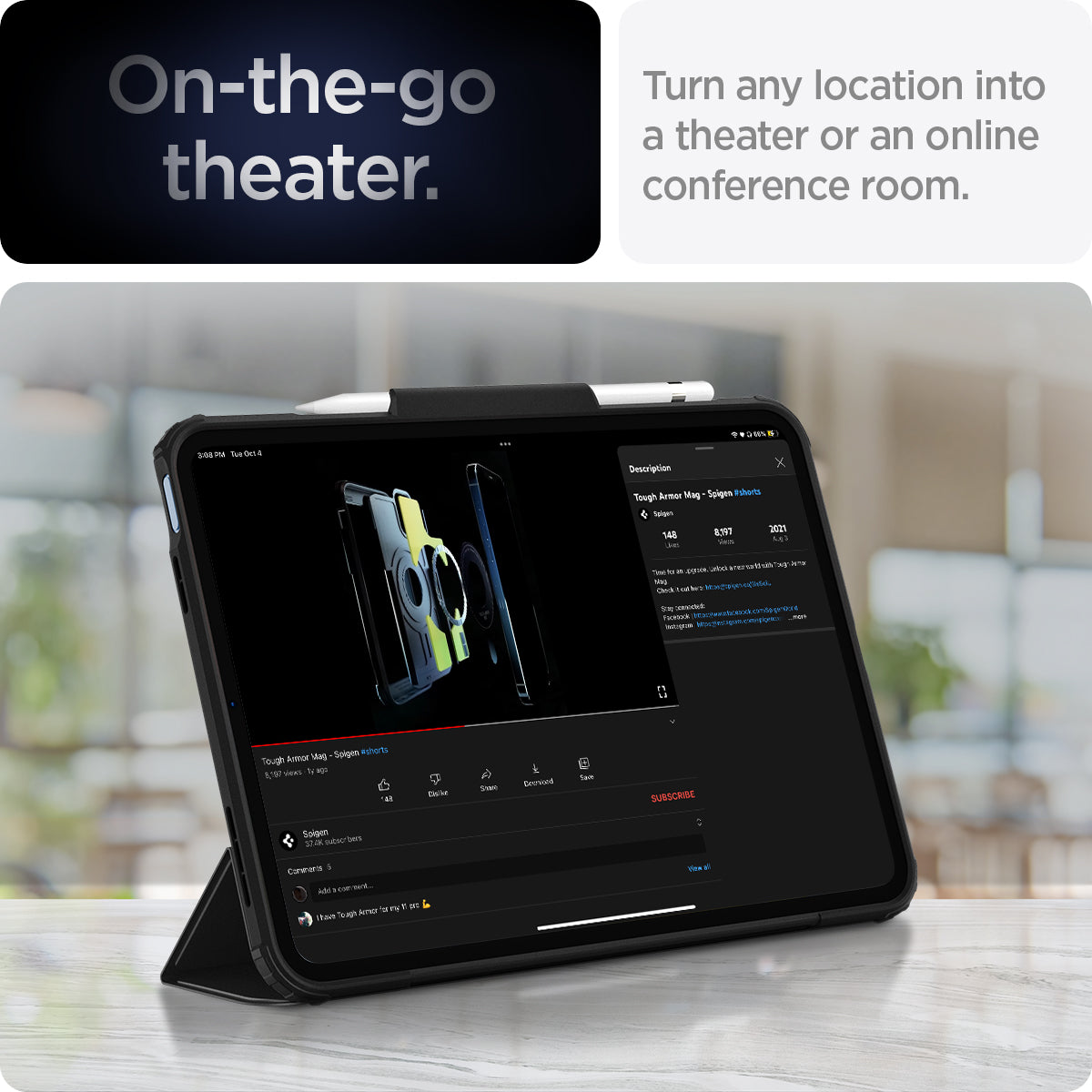 ACS05416 - iPad 10.9" Case Ultra Hybrid Pro in black showing the on-the-go theater. Turn any location into a theater or an online conference room