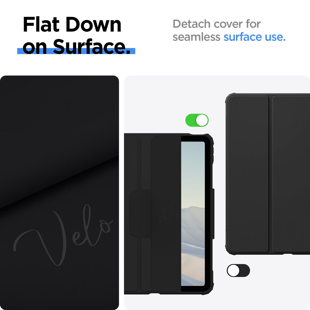 ACS07758 - iPad Air 11-inch (2024) Case Air Skin Pro in Black showing the flat down on surface. Detach cover for seamless surface use
