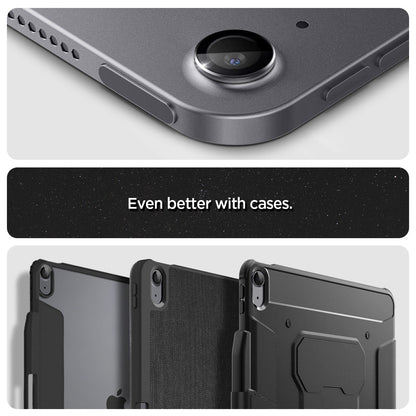 AGL07801 - Close-up of Spigen Glas.tR EZ Fit Optik Pro installed on iPad Air 13 Space Gray camera with case compatibility showcase