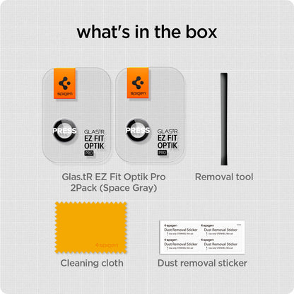 AGL07801 - What's in the box for Spigen Glas.tR EZ Fit Optik Pro 2-Pack Space Gray — includes two lens protectors, removal tool, cleaning cloth, and dust removal stickers