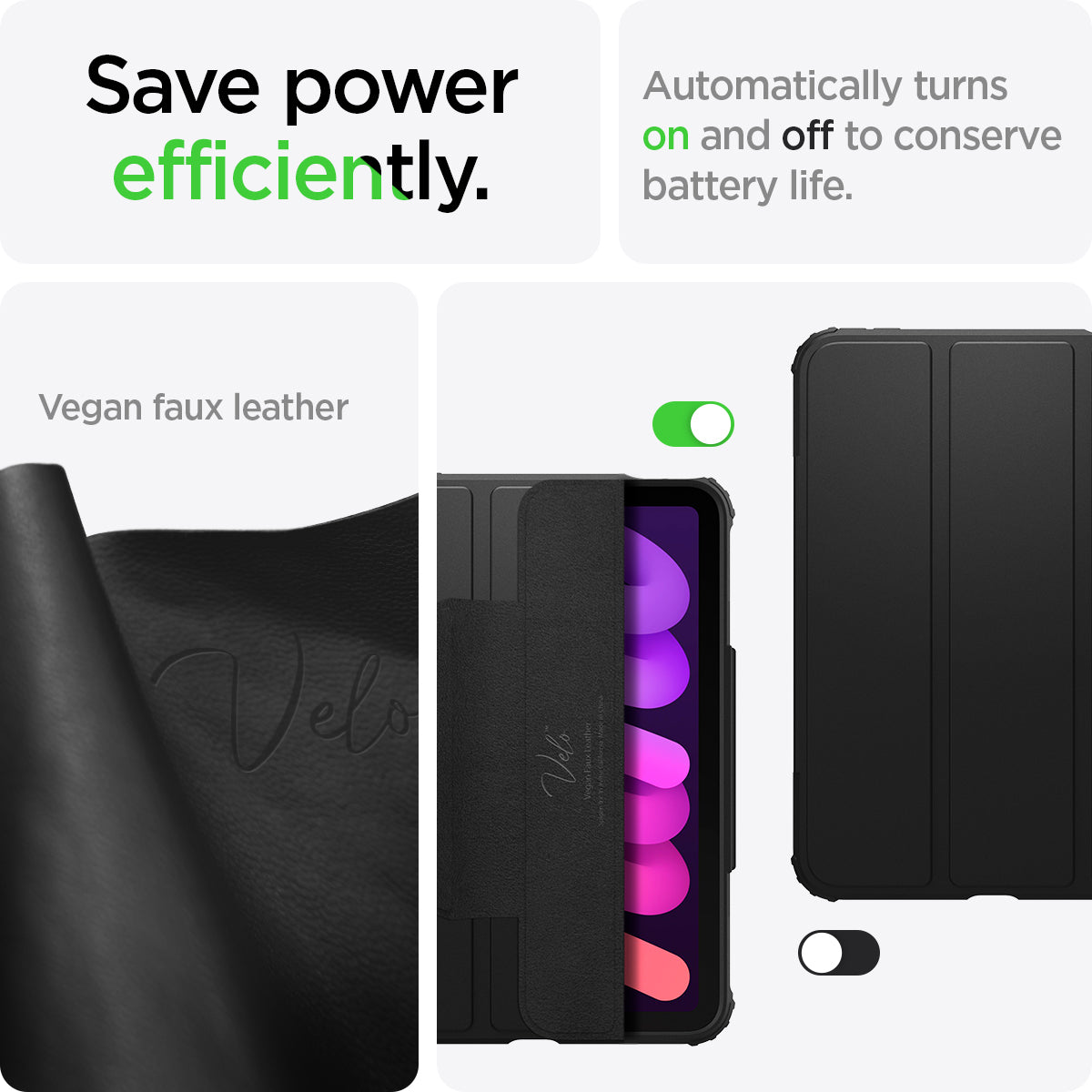 ACS03765 - iPad Mini 6 Case Ultra Hybrid Pro in black showing efficiently power saving. Automatically turns on and off to conserve battery life. Made with Vegan faux leather