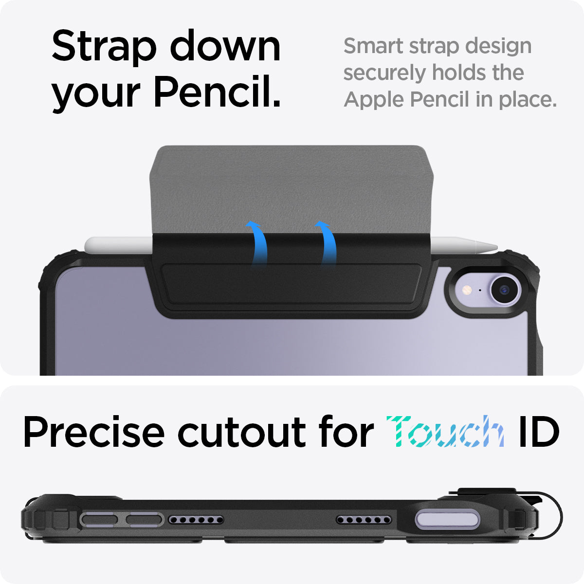 ACS03765 - iPad Mini 6 Case Ultra Hybrid Pro in black showing the strap down your Pencil. Smart strap design securely holds the Apple Pencil in place. Precise cutout for Touch ID