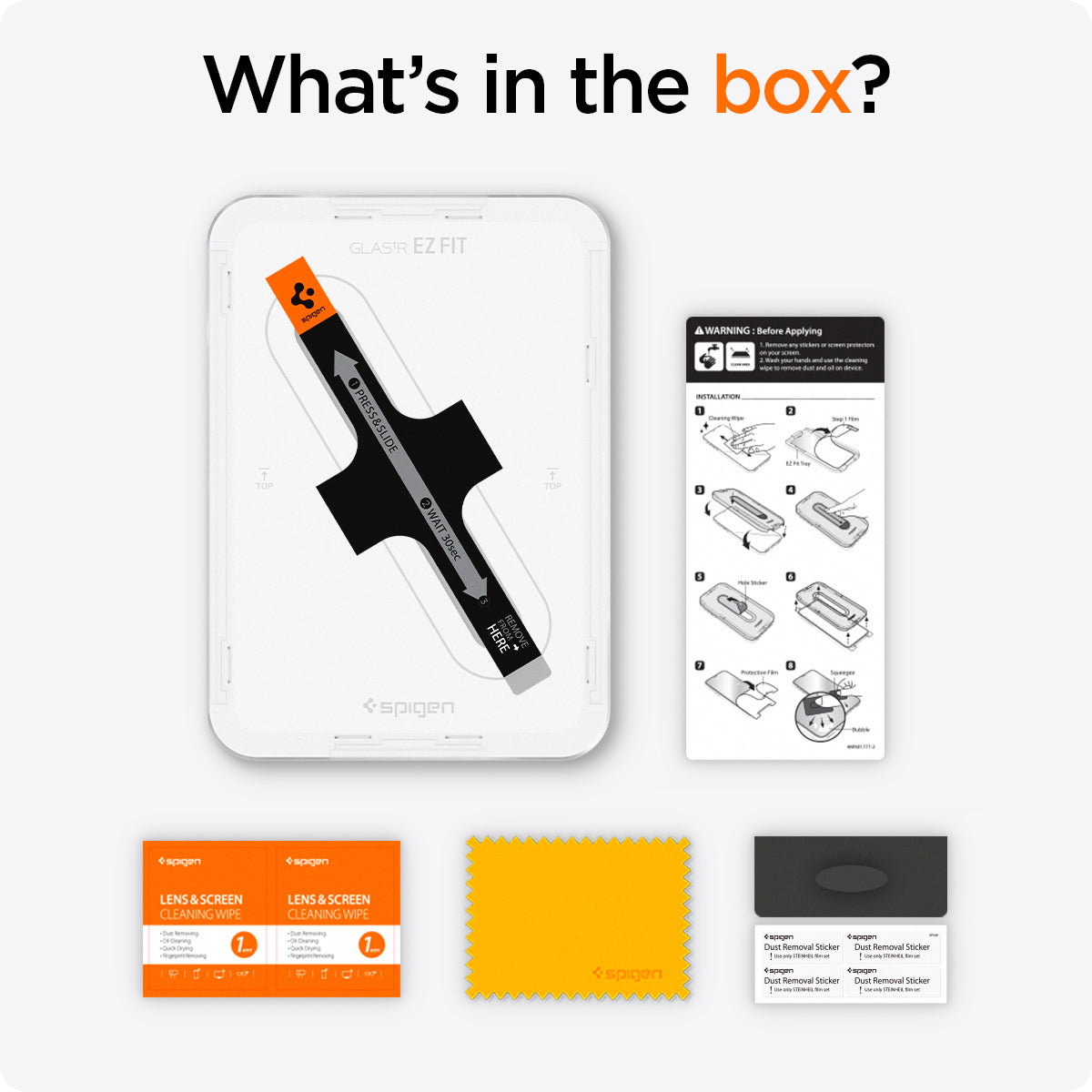 AGL03824 - iPad Mini 6 Screen Protector EZ FIT GLAS.tR showing what's in the box? an alignment, screen protector, installation guide, cleaning wipe, microfabric cloth and dust removal sticker