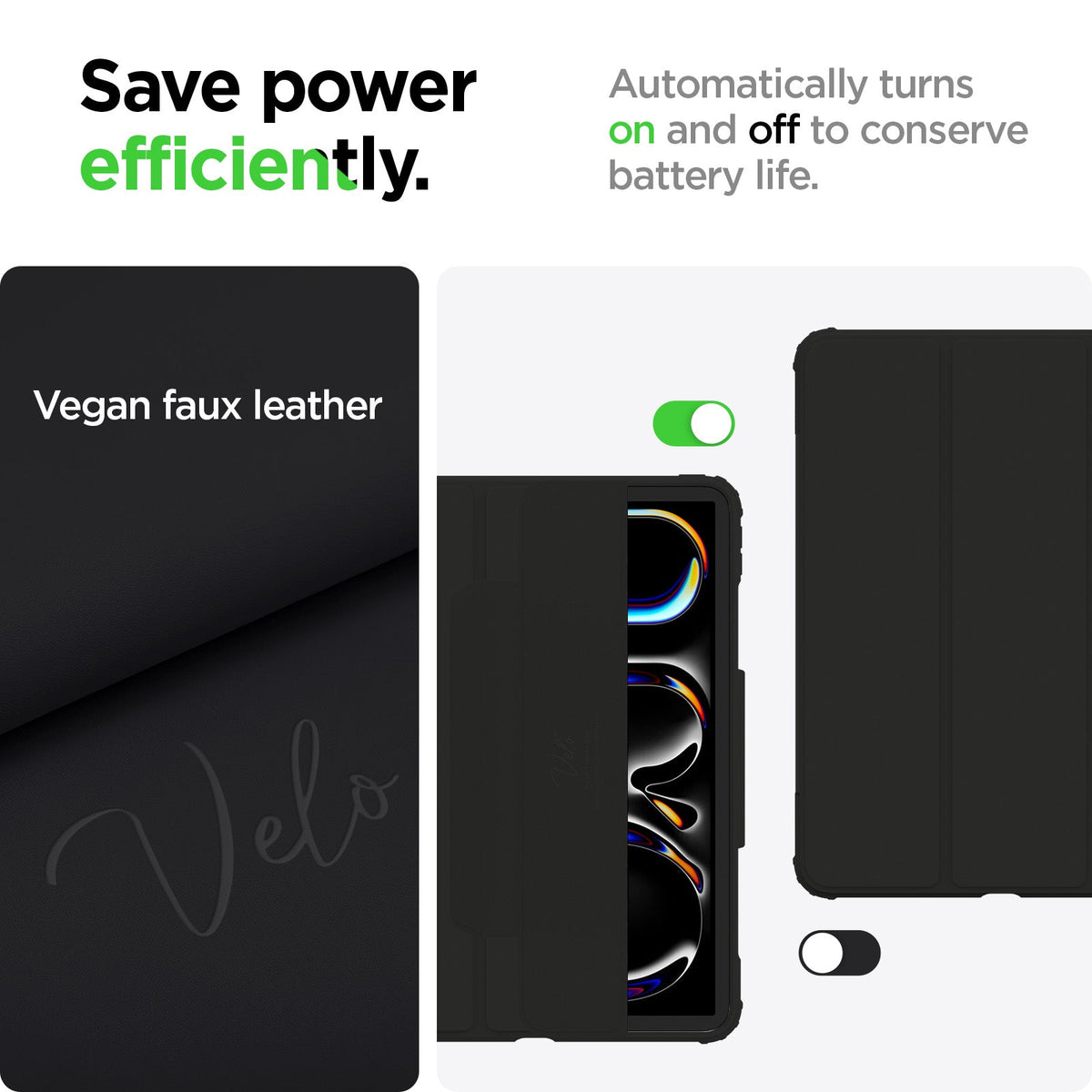 ACS07762 - iPad Pro 11-inch Case Air Skin Pro in Black showing the save power efficiently. Automatically turns on and off to converse battery life
