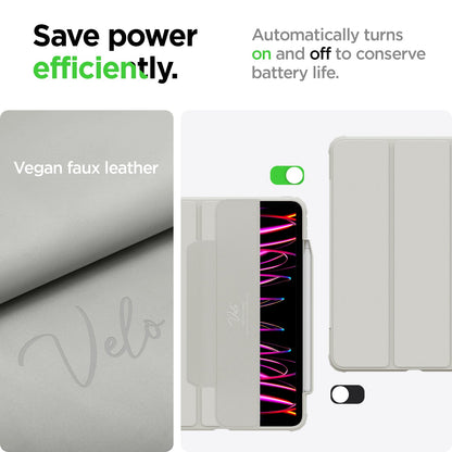 ACS06075 - iPad Pro 11" Case Air Skin Pro in gray showing the saving power efficiently. Automatically turns on and off to conserve batter life. Made with Vegan faux leather