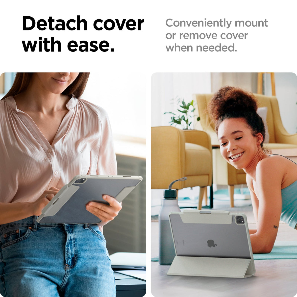 ACS06076 - iPad Pro 12.9" Case Air Skin Pro in gray showing the detaching cover with ease. Conveniently mount or remove cover when needed