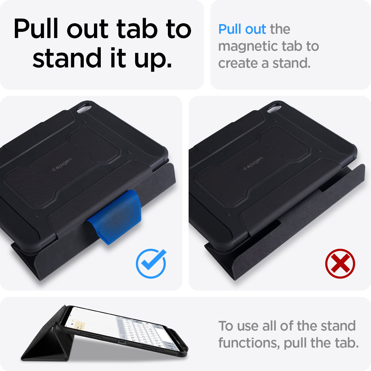 ACS02889 - iPad Pro 12.9-inch Case Rugged Armor Pro in Black showing the pull out tab to stand it up. Pull out the magnetic tab to create a stand. To use all of the stand functions, pull the tab