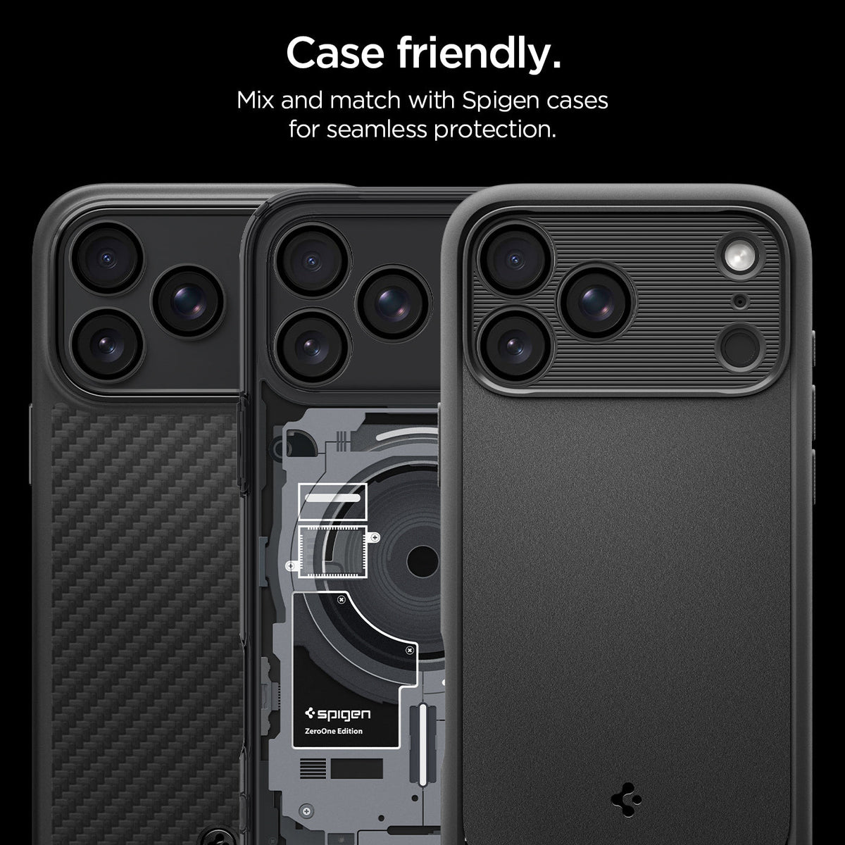 AGL12043 - iPhone 18 Pro Max / iPhone 18 Pro Optik Pro EZ Fit Lens Protector in black showing lens protectors paired with multiple case styles for a compatible and seamless fit.