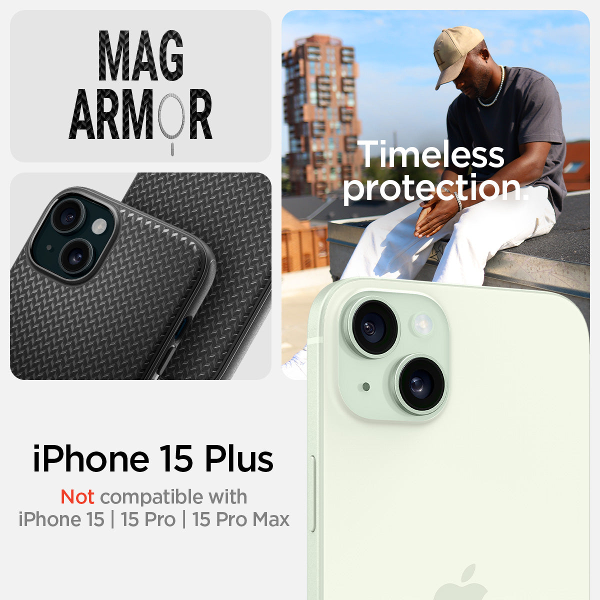 ACS06671 - iPhone 15 Plus Case Mag Armor (MagFit) in matte black mag armor. iPhone 15 plus. Not compatible with iPhone 15 | 15 Pro | 15 Pro Max. Timeless protection.