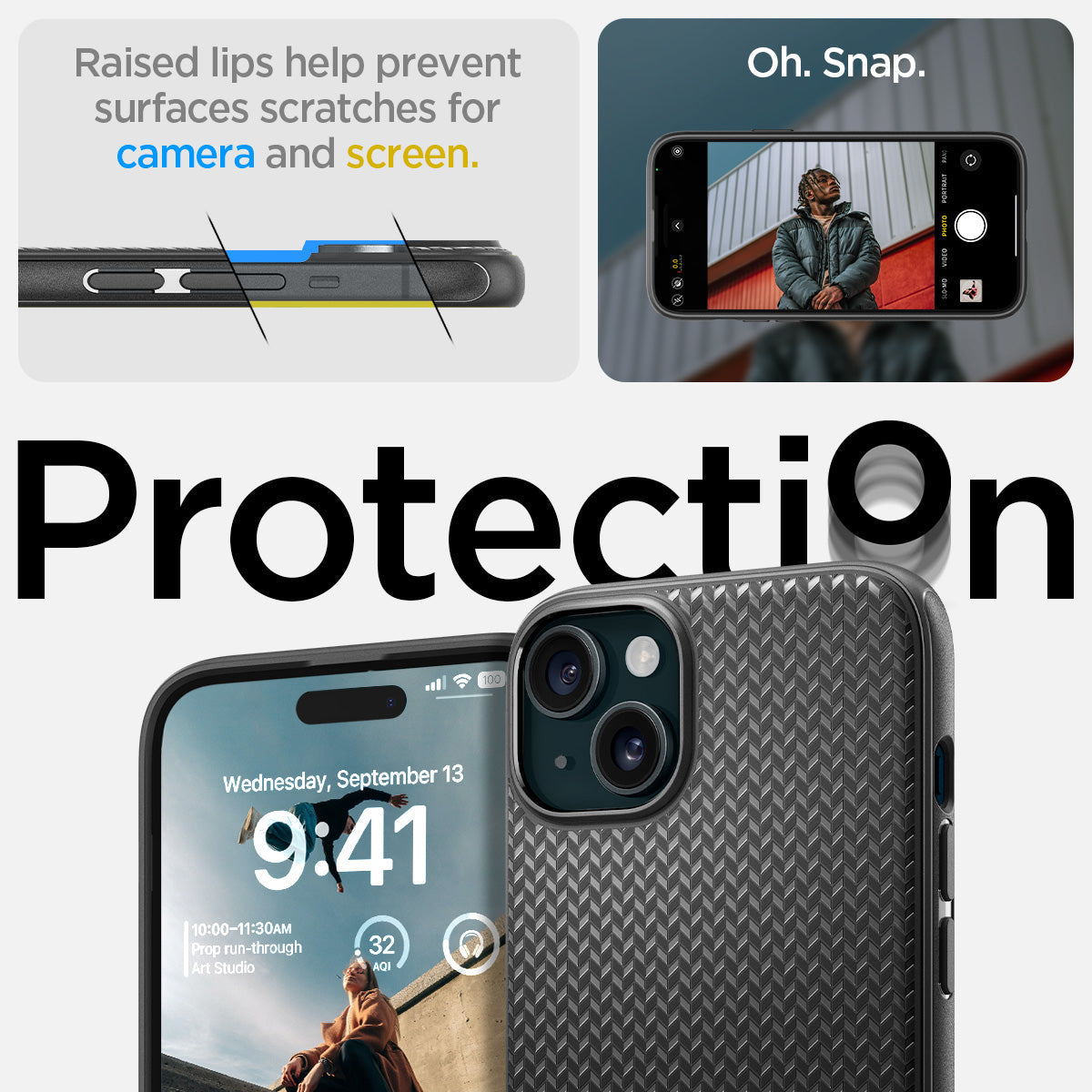 ACS06671 - iPhone 15 Plus Case Mag Armor (MagFit) in matte black raised edges prevent surface scratches on the camera and screen