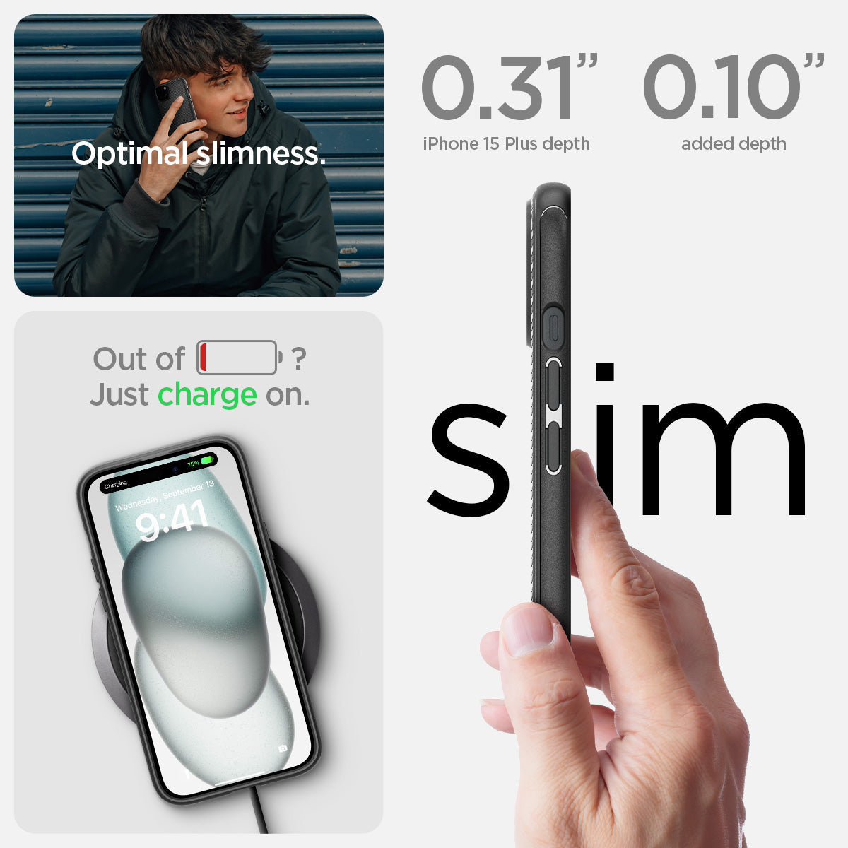 ACS06671 - iPhone 15 Plus Case Mag Armor (MagFit) in matte black the 0.31" iPhone 15 Plus depth. 0.10" added depth optimal slimness. out of battery? just charge on.
