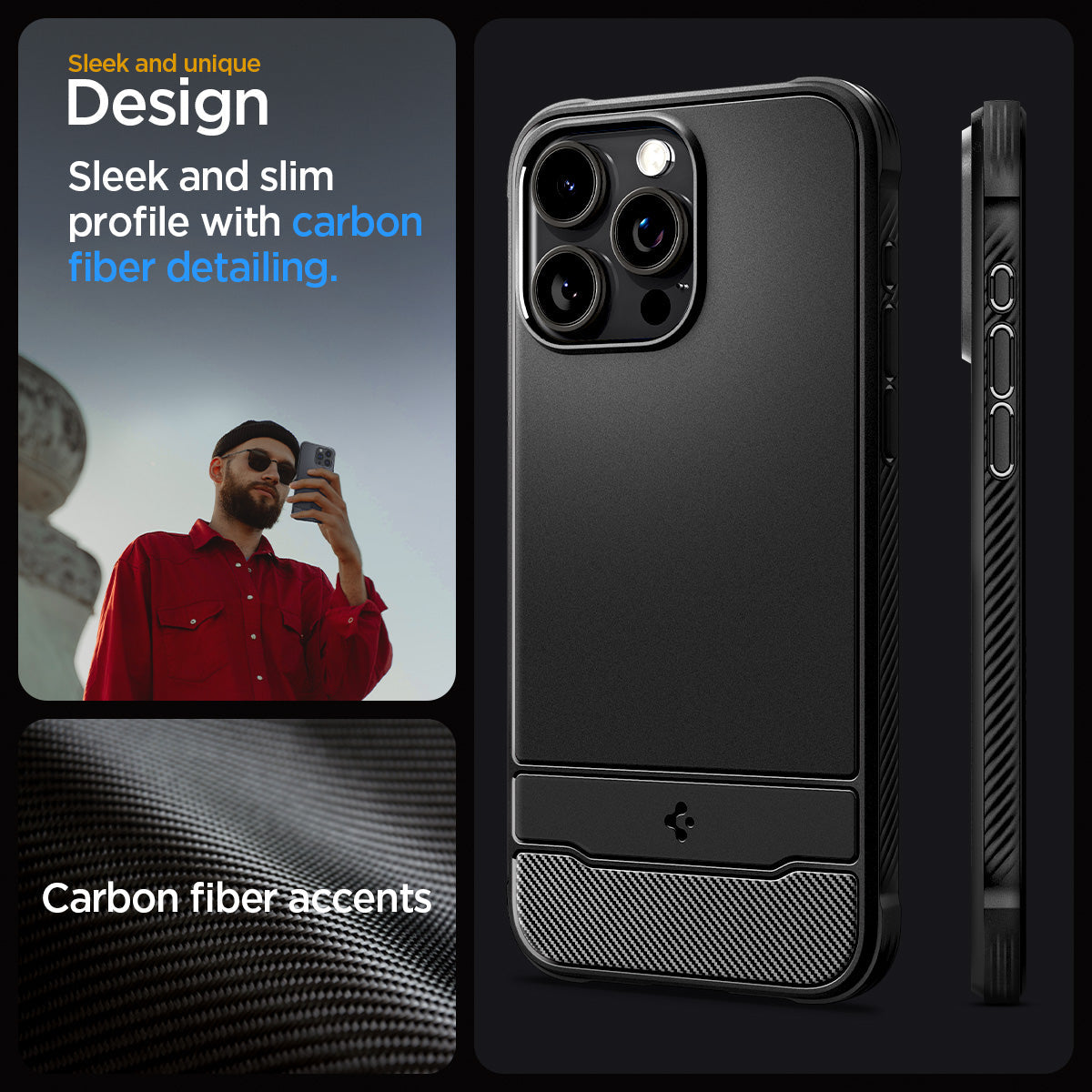 ACS06561 - iPhone 15 Pro Max Case Rugged Armor (MagFit) in matte black sleek and unique design. sleek and slim profile with carbon fiber detailing. carbon fiber accents.