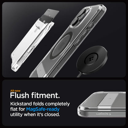 ACS08143 - iPhone 16 Pro Case Ultra Hybrid S (MagFit) in Graphite all new flush fitment. Kick stand folds completely flat for mag safe ready utility when it's closed.