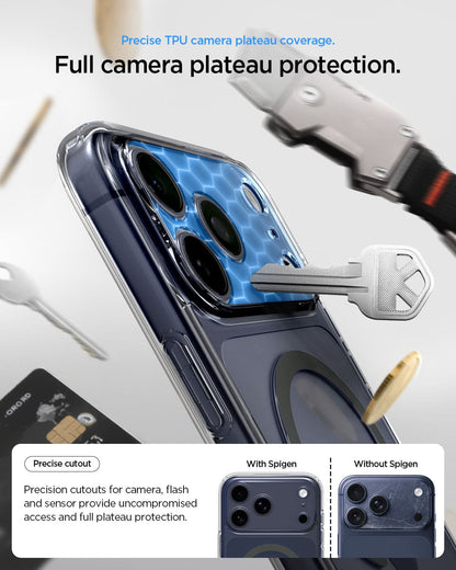 ACS10036 - iPhone 17 Pro Max Ultra Hybrid (MagFit) in Clear Graphite showing precise TPU camera plateau coverage. full camera plateau protection.