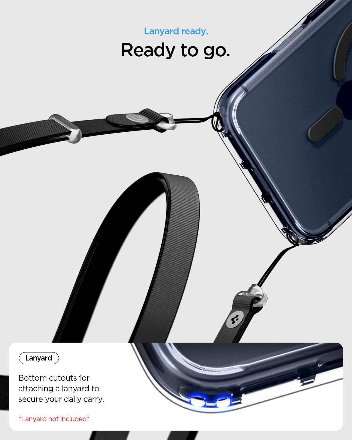 ACS10036 - iPhone 17 Pro Max Ultra Hybrid (MagFit) in Clear Graphite showing lanyard ready to go. bottom cutouts for attaching a lanyard to secure our daily carry