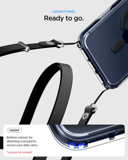 ACS10036 - iPhone 17 Pro Max Ultra Hybrid (MagFit) in Clear Graphite showing lanyard ready to go. bottom cutouts for attaching a lanyard to secure our daily carry