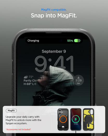 ACS09984 - iPhone 17 Case Tough Armor T AI (MagFit) in black showing magfit compatible. snap into magfit.