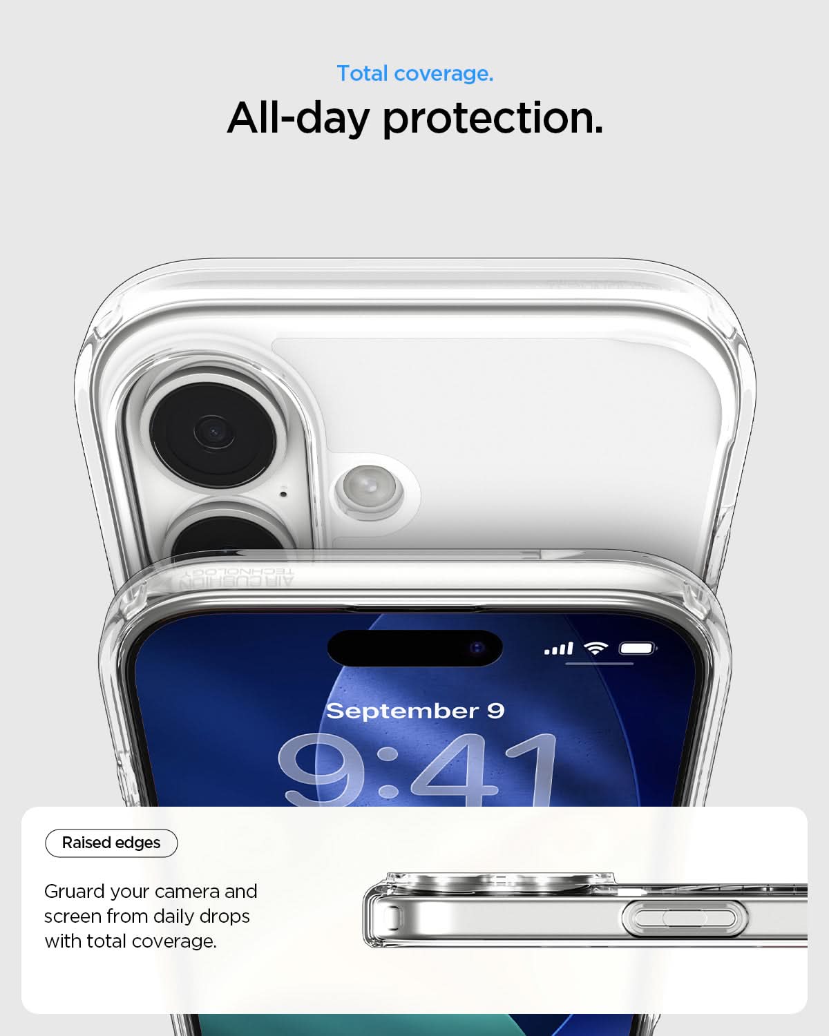 ACS10083 - iPhone 17 Ultra Hybrid (MagFit) in Clear Graphite showing total coverage. all day protection. raised edges guard your camera and screen from daily drops with total coverage.