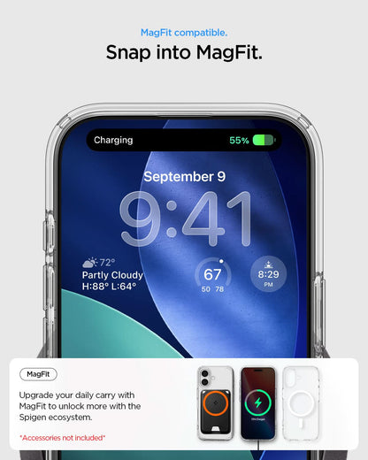 ACS10082 - iPhone 17 Ultra Hybrid (MagFit) in Clear White showing magfit compatible. snap into magfit. upgrade your daily carry with magfit to unlock more with the spigen ecosystem.