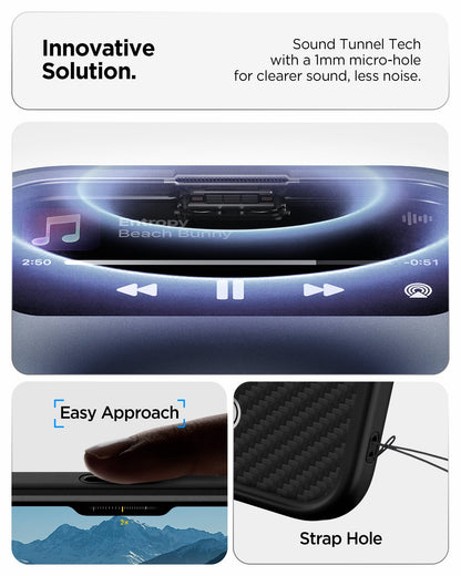 ACS09958 - iPhone 17 Pro Case Enzo Aramid T in black showing the innovative solution. Sound tunnel tech with a 1mm micro-hole for clearer sound, less noise