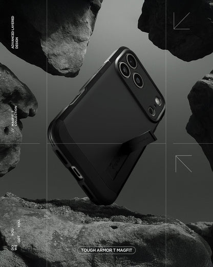 ACS09950 - iPhone 17 Pro Case Tough Armor T AI (MagFit) in black showing the back with kick stand