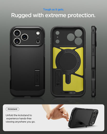 ACS09950 - iPhone 17 Pro Case Tough Armor T AI (MagFit) in black showing rugged with extreme protection. Tough as it gets.