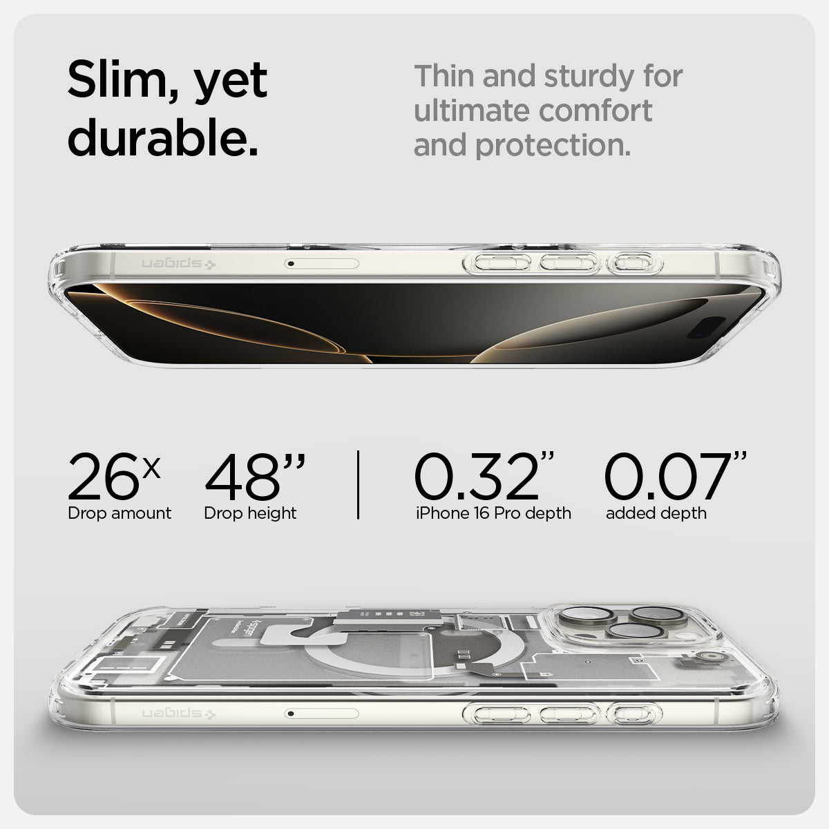 ACS08137 - iPhone 16 Pro Case Ultra Hybrid Zero One (MagFit) in Zero One Natural Titanium slim yet durable. thin and sturdy for ultimate comfort and protection. drop amount, drop height, iPhone pro max depth. added depth.