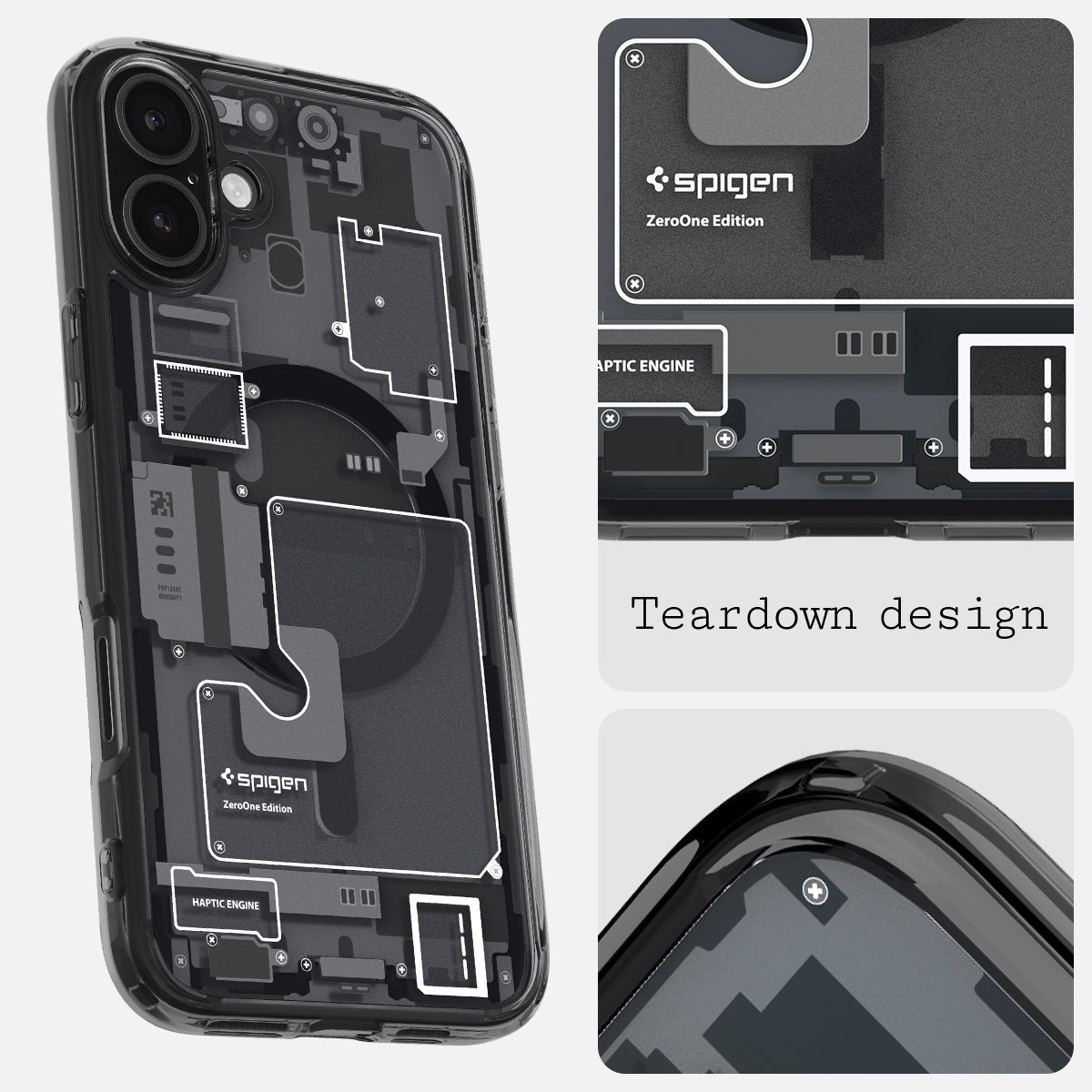 ACS08078 - iPhone 16 Plus Case Ultra Hybrid Zero One (MagFit) in Zero One teardown design.