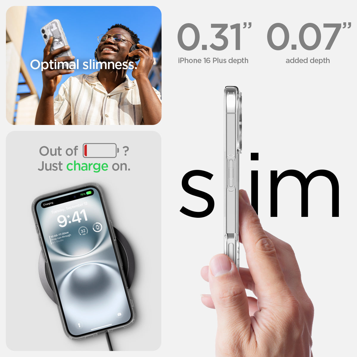 ACS08079 - iPhone 16 Plus Case Ultra Hybrid Zero One (MagFit) in Zero One White optimal slimness. Out of battery? Just charge on. 0.31" and 0.07" slim.