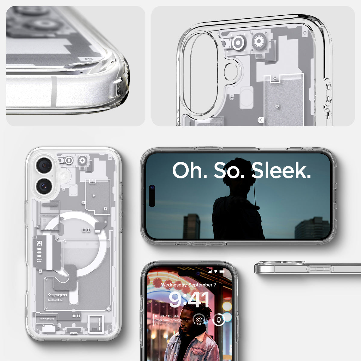 ACS08079 - iPhone 16 Plus Case Ultra Hybrid Zero One (MagFit) in Zero One White showing detail. oh. so sleek.