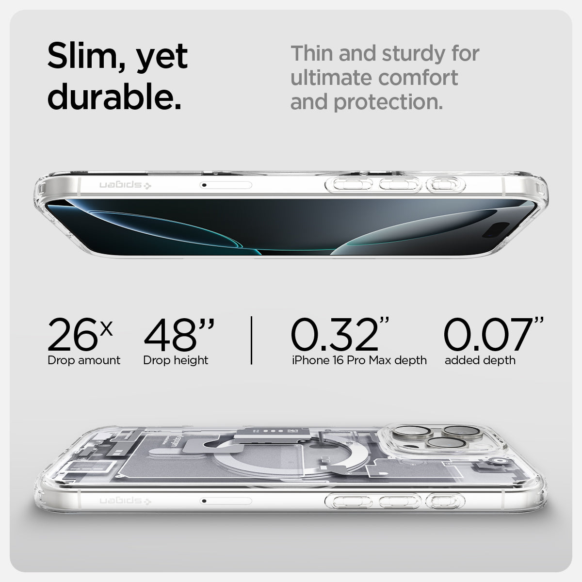 ACS08005 - iPhone 16 Pro Max Case Ultra Hybrid Zero One (MagFit) in Zero One White slim yet durable. thin and sturdy for ultimate comfort and protection. drop amount, drop height, iPhone pro max depth. added depth.