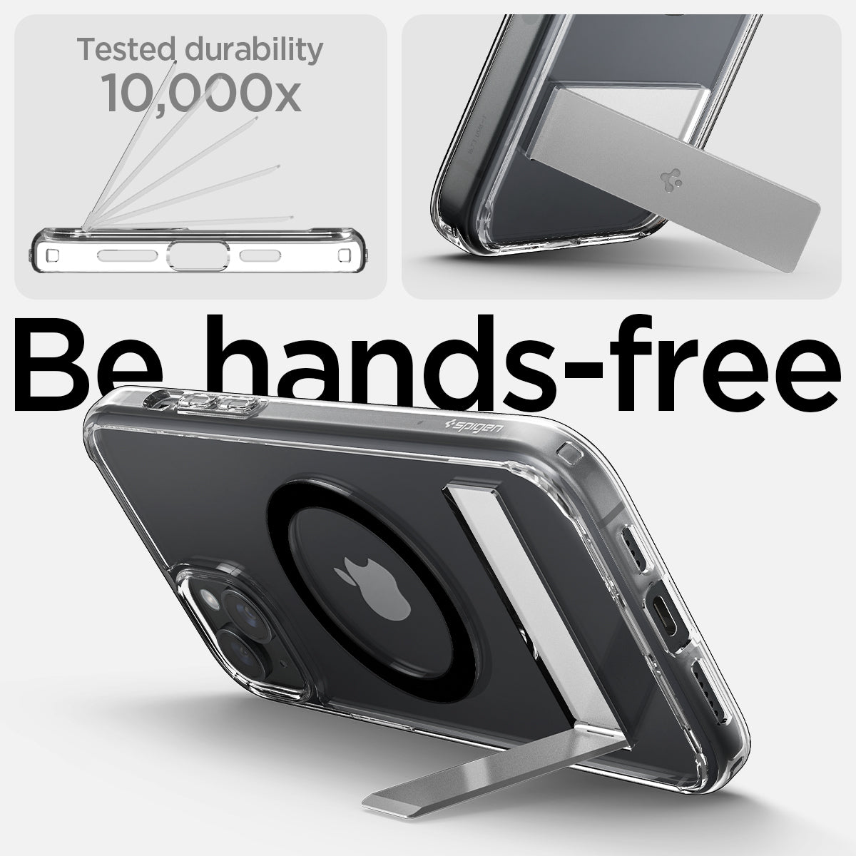ACS06666 - iPhone 15 Plus Case Ultra Hybrid S (MagFit) in black showing the tested durability, 10,000x with built-in kickstand for hands-free viewing