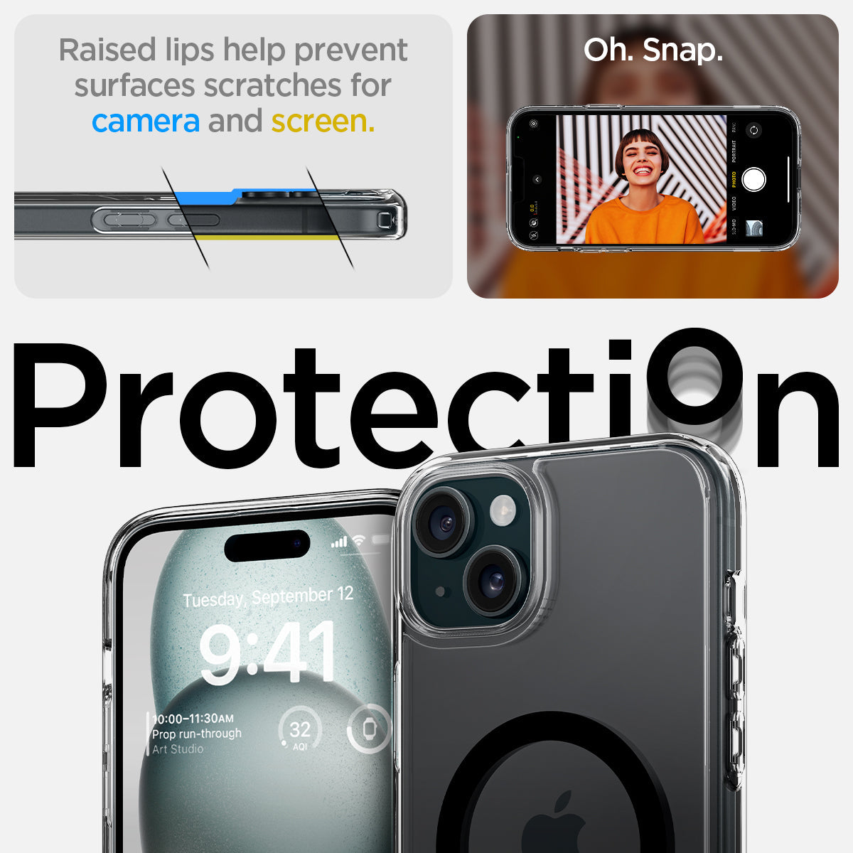 ACS06666 - iPhone 15 Plus Case Ultra Hybrid S (MagFit) in black showing the raised lips help prevent surfaces scratches for camera and screen