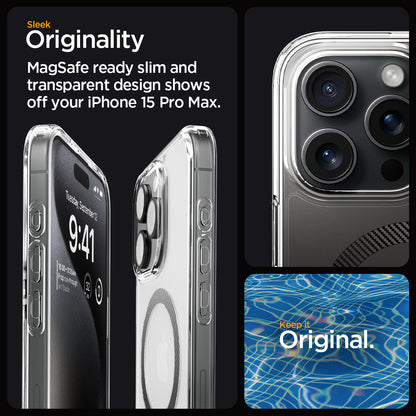 ACS06578 - iPhone 15 Pro Max Case Ultra Hybrid (MagFit) in carbon fiber sleek originality. Magsafe ready slim and transparent design shows off your iPhone 15 pro max. keep it original.