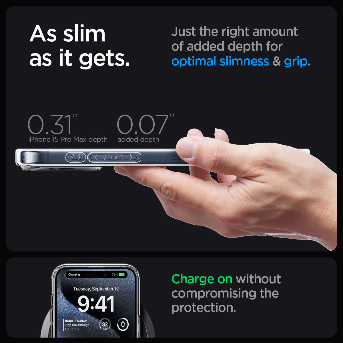 ACS06580 - iPhone 15 Pro Max Case Ultra Hybrid (MagFit) in frost clear as slim as it gets. just the right amount of added depth for optimal slimness and grip. charge on without compromising the protection.
