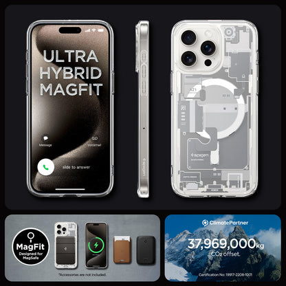 ACS07036 - iPhone 15 Pro Case Ultra Hybrid Zero One in white ultra hybrid magfit. magfit designed for magsafe. 37,969,000kg CO2 offset.
