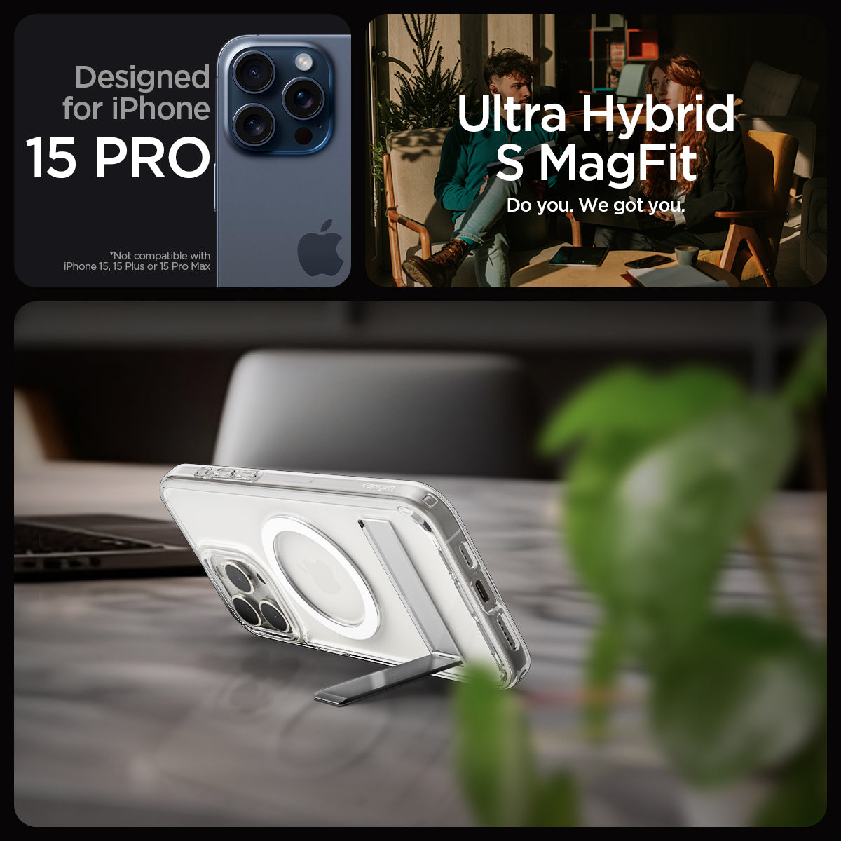 ACS06722 - iPhone 15 Pro Case Ultra Hybrid S (MagFit) in crystal clear showing the compatibility only with iPhone 15 Pro. Not compatible with iPhone 15 | 15 Plus | 15 Pro Max