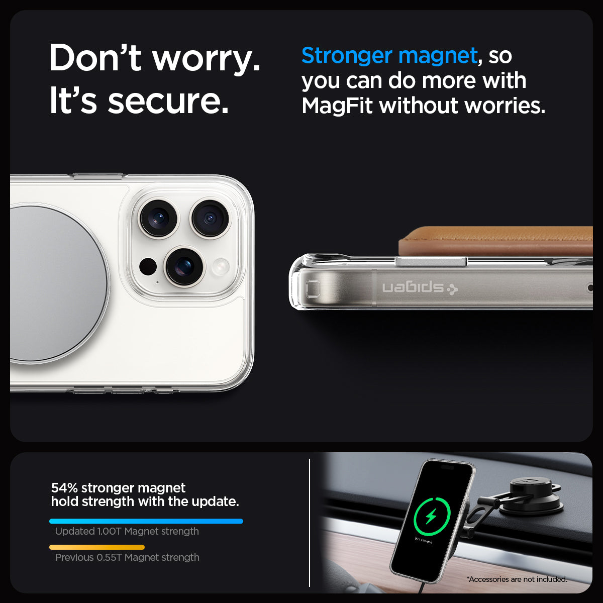ACS06722 - iPhone 15 Pro Case Ultra Hybrid S (MagFit) in crystal clear showing the stronger magnet, so you can do more with MagFit without worries. 54% stronger magnet hold strength with the update. Updated 100T Magnet strength, Previous 0.5T Magnet strength