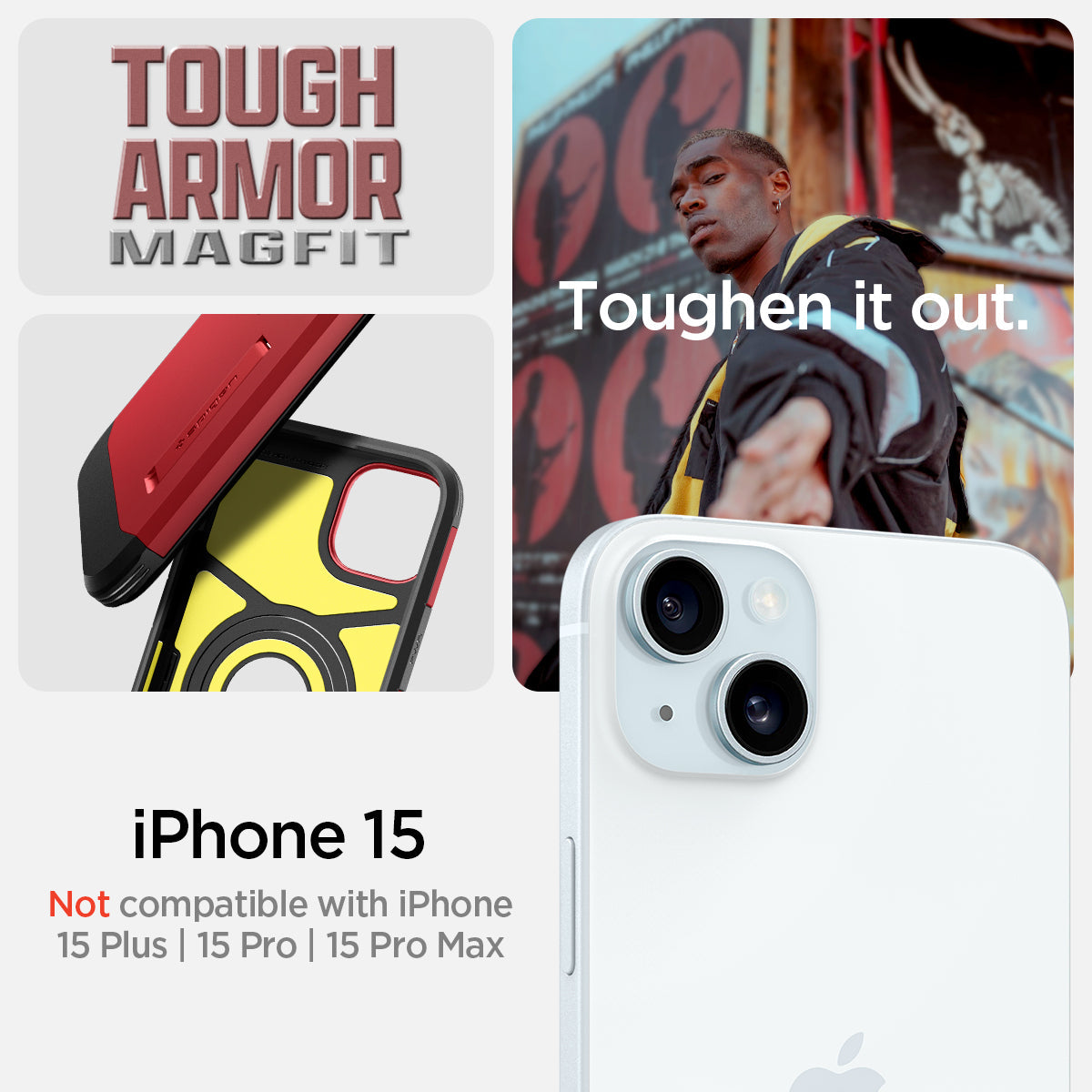 ACS06814 - iPhone 15 Case Tough Armor (MagFit) in red tough armor magfit. toughen it out. iPhone 15. Not compatible with iPhone 15 plus, 15 pro, 15 pro max.