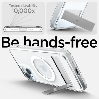 ACS06807 - iPhone 15 Case Ultra Hybrid S (MagFit) in crystal clear showing the tested durability, 10,000x with built-in kickstand for hands-free viewing
