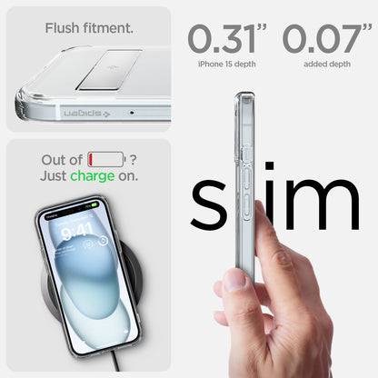 ACS06807 - iPhone 15 Case Ultra Hybrid S (MagFit) in crystal clear showing the flush fitment. 0.31" device depth | 0.07" added depth