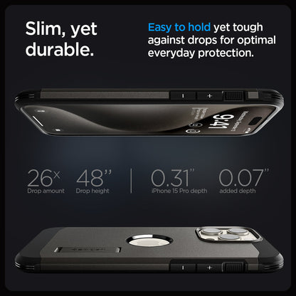 ACS06732 - iPhone 15 Pro Case Tough Armor (MagFit) in gunmetal slim yet durable. easy to hold yet tough against drops for optimal everyday protection