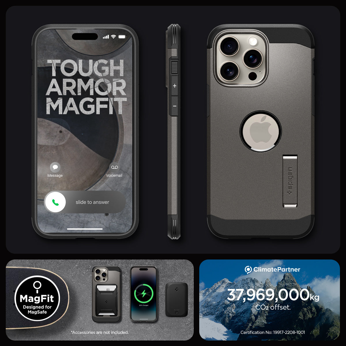 ACS06732 - iPhone 15 Pro Case Tough Armor (MagFit) in gunmetal tough armor magfit. designed for magsafe. 37,969,000kg CO2 offset.