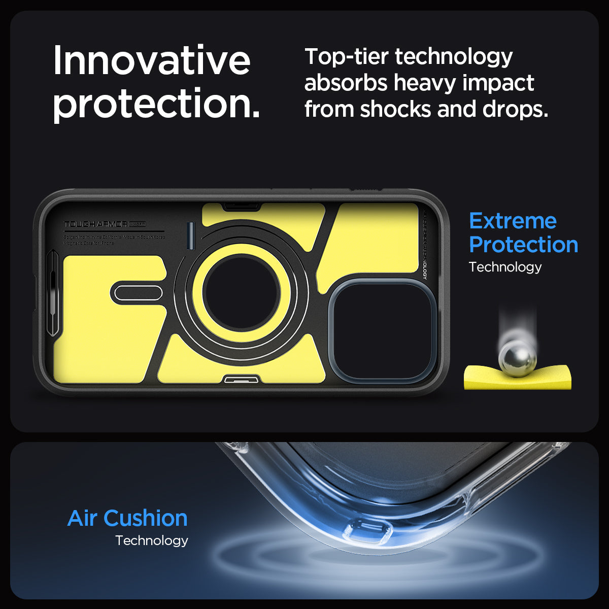 ACS06734 - iPhone 15 Pro Case Tough Armor (MagFit) in metal slate innovative protection. top tier technology absorbs heavy impact from shocks and drops. Extreme protection technology. Air cushion technology.