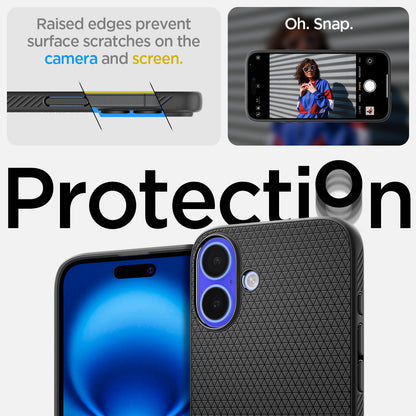 ACS08066 - iPhone 16 Plus Case Liquid Air in Matte Black showing the raised edges prevent surface scratches on the cameraand screen