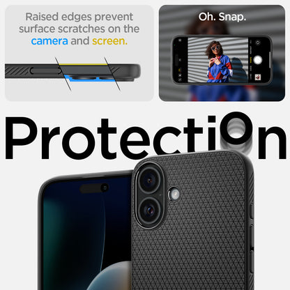 ACS08194 - iPhone 16 Case Liquid Air in Matte Black showing the raised edges prevent surface scratches on the camere and screen