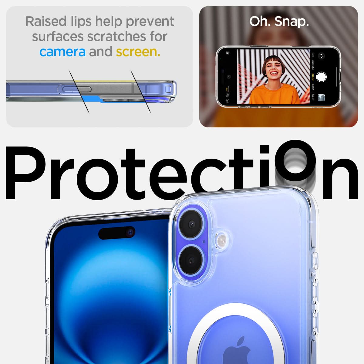 ACS08212 - iPhone 16 Case Ultra Hybrid S (MagFit) in Crystal Clear raised lips prevent surface scratches on the camera and screen. Oh snap. Protection.