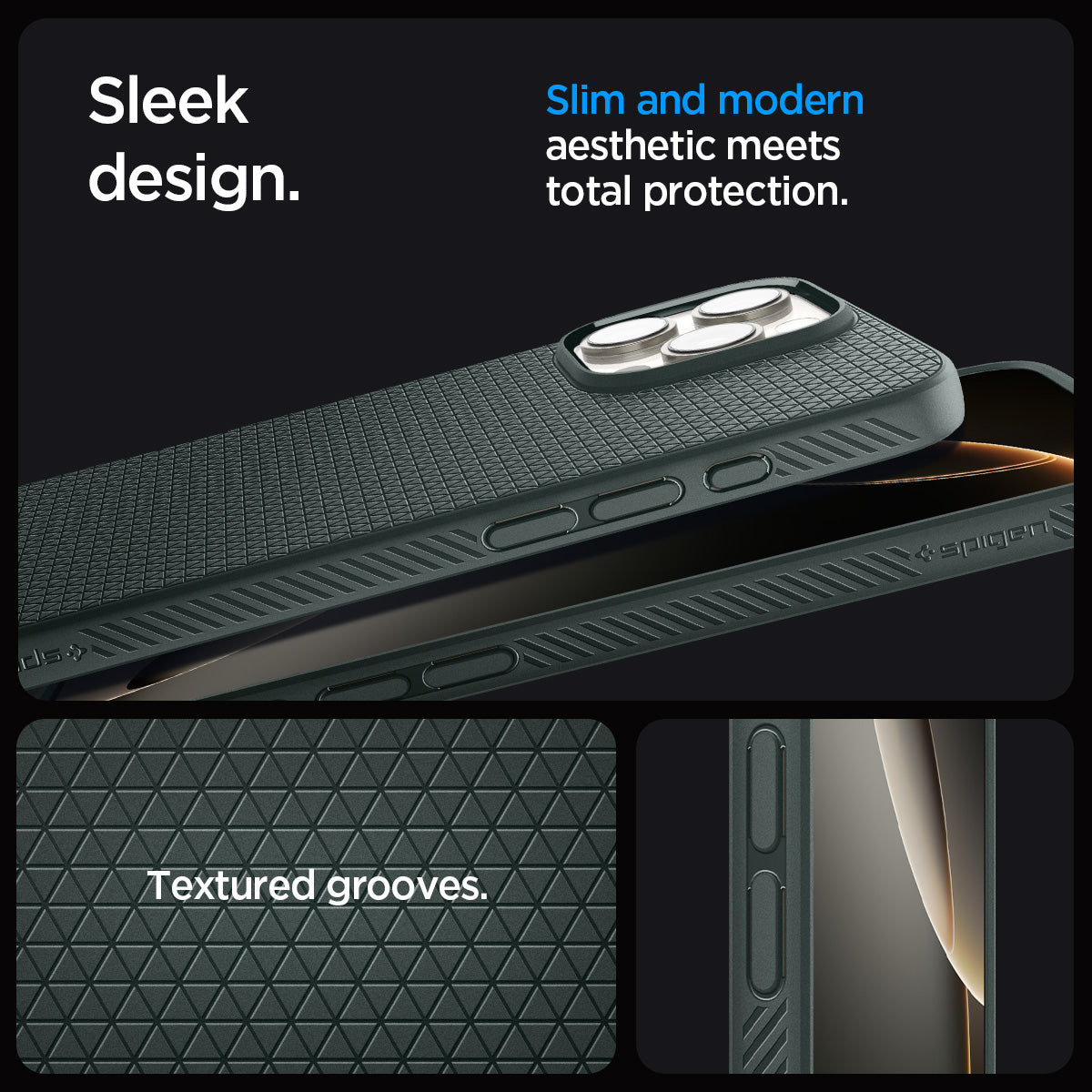 ACS07990 - iPhone 16 Pro Max Case Liquid Air in Abyss Green showing the sleek design. Slim and modern aesthetic meets total protection with textured grooves
