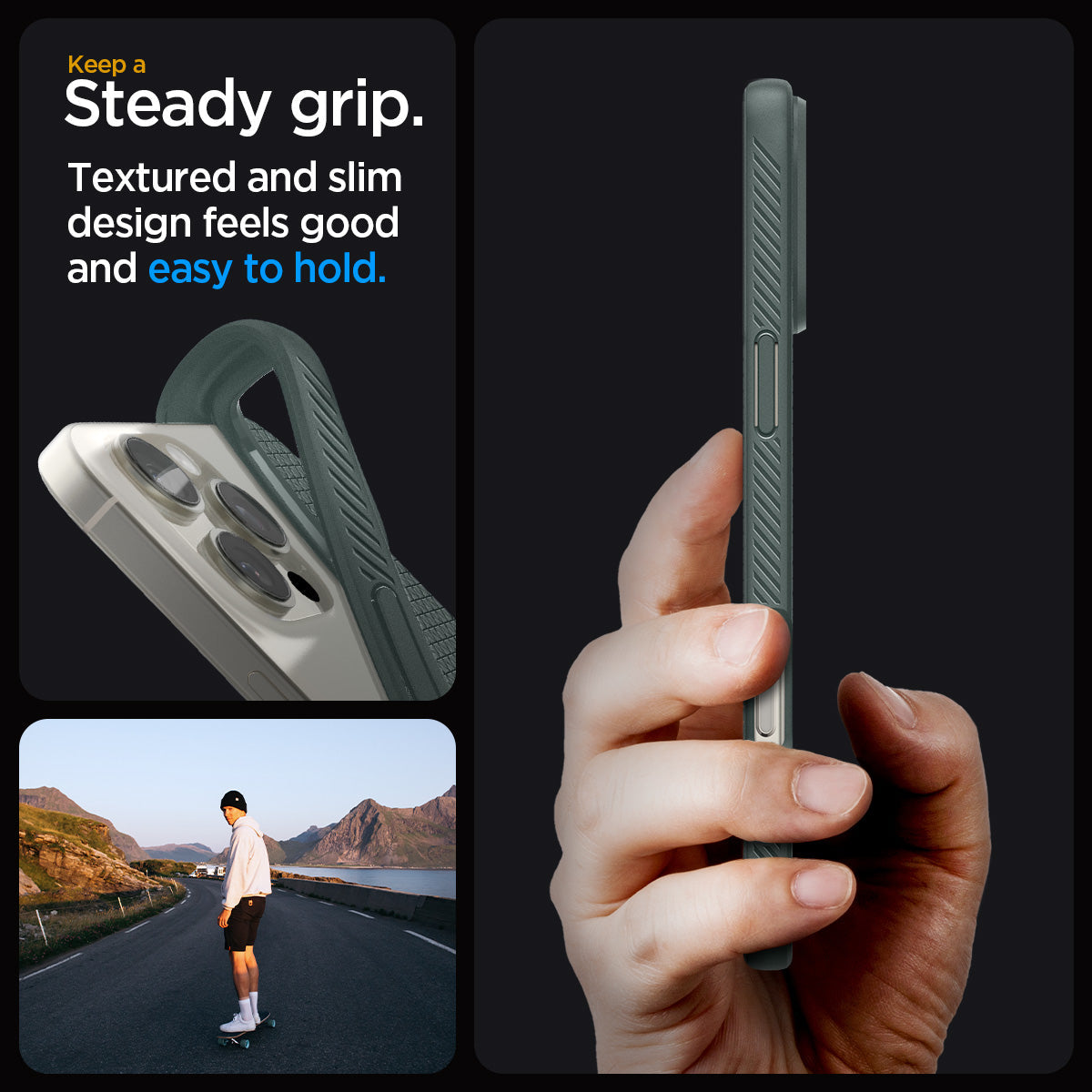 ACS07990 - iPhone 16 Pro Max Case Liquid Air in Abyss Green showing the steady grip. Textured and slim design feels good and easy to hold